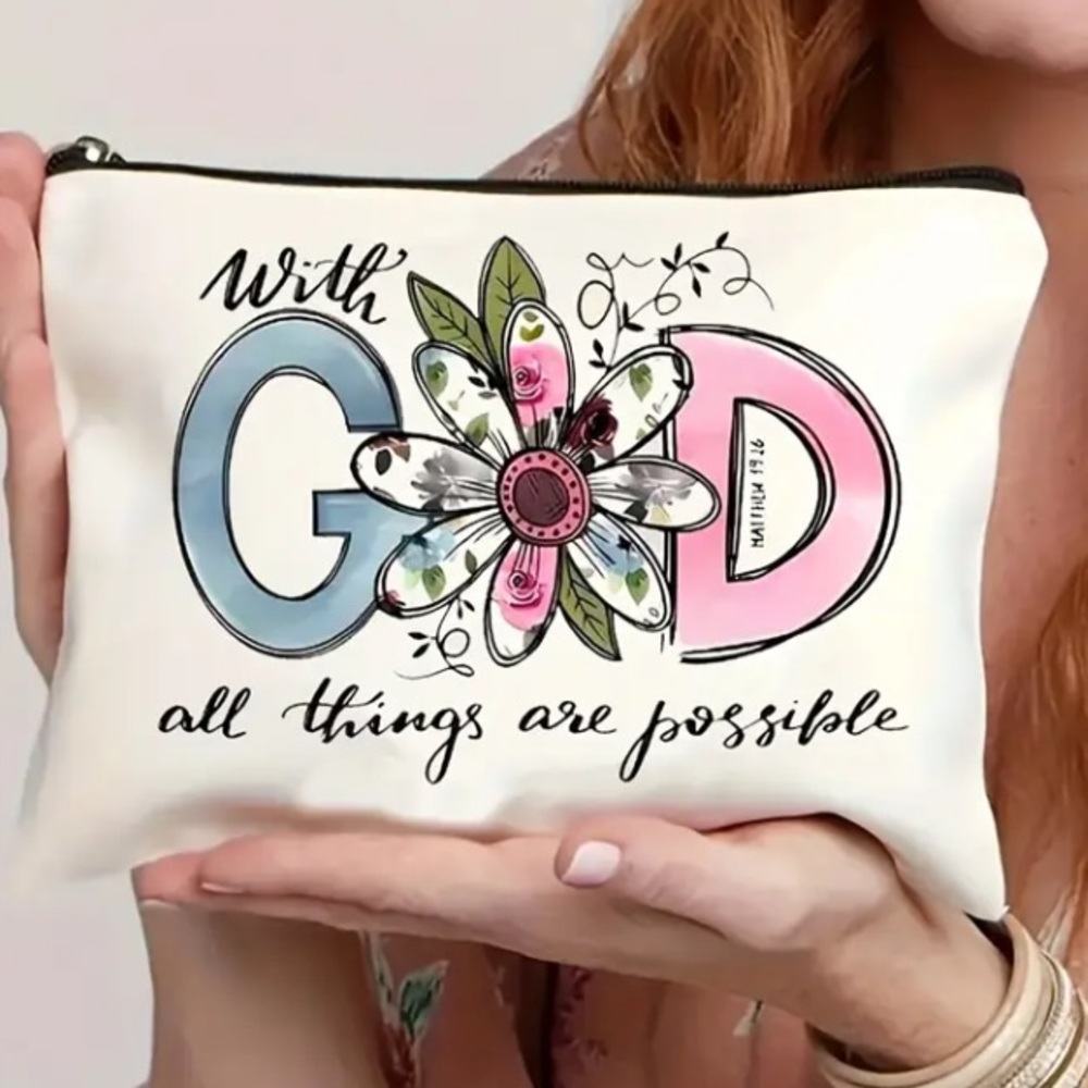 Source Unknown Cream Cosmetic Bag with Blue & Pink 'With God' Floral Design